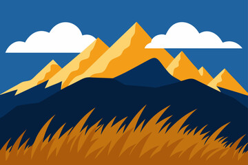 Wild Mountain Ridge With Golden Grasses And Cloud Sky Scene