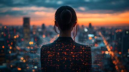 A confident businesswoman stands with her back facing the viewer in a glowing futuristic environment filled with digital interfaces and cyber elements, symbolizing innovation and digital transformatio
