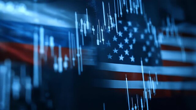 
A stock market chart with the Russian and American flags on either side, indicating crossroads in global economic trends between Russian and America.