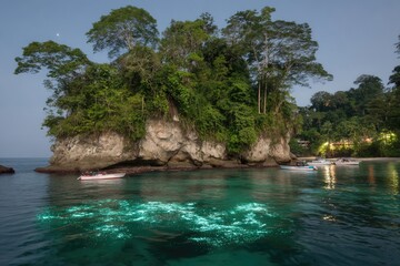 Lush island at twilight, bioluminescent water