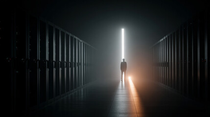 Back view of a businessman standing between glowing server racks in a data center. Sunlight pours through a large window, symbolizing cybersecurity, tech vulnerability, and digital protection.

