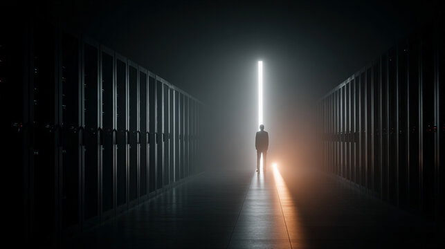 Back view of a businessman standing between glowing server racks in a data center. Sunlight pours through a large window, symbolizing cybersecurity, tech vulnerability, and digital protection.