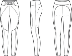 Yoga leggings front, side, back sketch, crisscross waistband and panel line detailing, cad drawing flat vector illustration, fashion template design