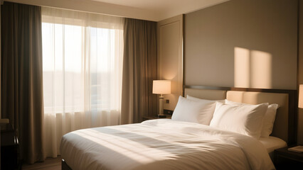 Cozy Hotel Room with Sunlit Bed and Elegant Curtains