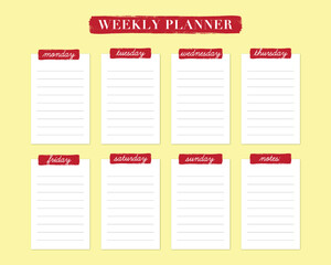 Weekly Planner Template with Days and Notes Section on yellow background