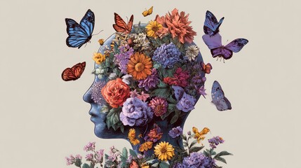 Mind and Brain with Blooming Flowers and Butterflies Around

