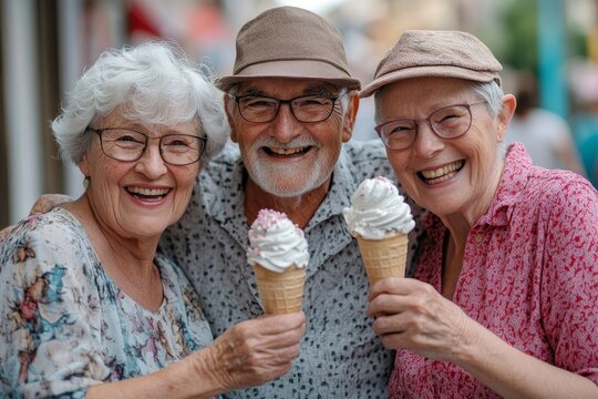 Portrait of three senior friends enjoying ice cream on a warm summer day, symbolizing the joy of friendship and the importance of social connections in later years, Generative AI - Powered by Adobe