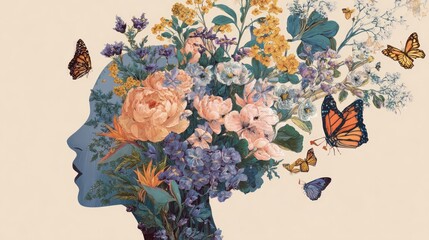 Mind and Brain with Blooming Flowers and Butterflies Around

