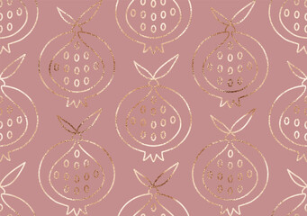 Geometric fruit seamless pattern with gold pomegranate ornament.
