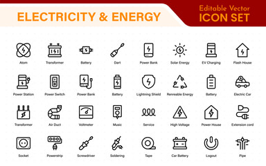 Electricity and energy icon bundle. Isolated icons of lamps, extension cords, wall outlets, light switches, and electric cables.