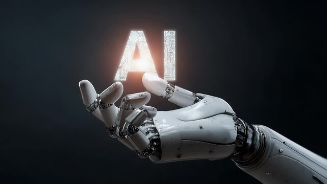 
A robot hand with a hologram of the text AI on the palm, in a white and grey color scheme. This is a vector illustration, a 3D rendering,