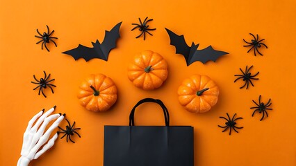 Halloween decoration with pumpkins bats spiders skeleton hand and black bag on orange background
