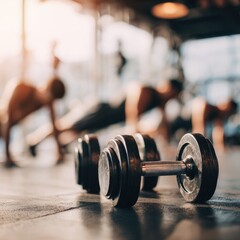 A pair of dumbbells rests on a gym floor, blurred figures exercising in the background, sunlight streaming in