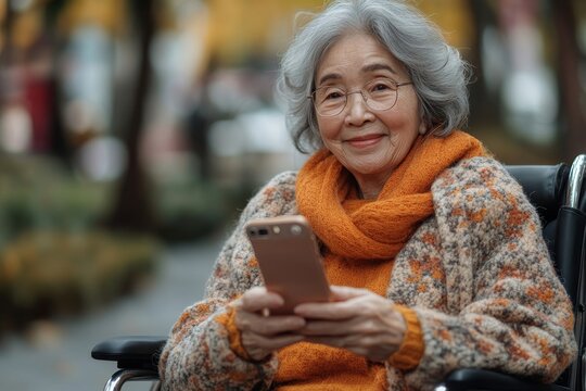 Portrait of a senior woman in a wheelchair holding a smartphone, highlighting the role of technology in enhancing communication and independence for seniors, Generative AI