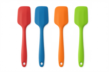 Four colorful silicone spatulas are arranged vertically against a transparent background, ready for use in baking or cooking