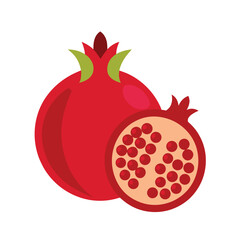 whole and cut pomegranate with detailed red seeds, vector icon for healthy food, antioxidant-rich fruit, and culinary freshness