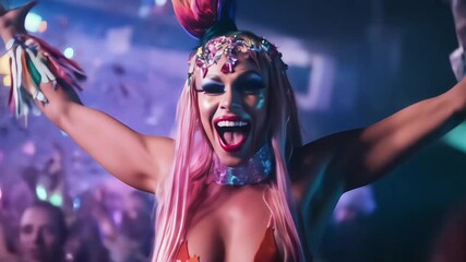 A joyful drag queen celebrating in a vibrant nightlife setting.