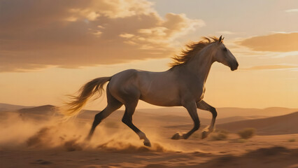 A white horse gallops across a sandy desert under a golden sunset sky.