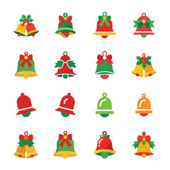 Festive Christmas Bell Icons Set in Red Green and Yellow with Bows and Holly on White Background
