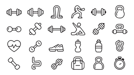 Fitness & Gym Line Icon Set – Dumbbells, Equipment, and Workout Symbols for App & Web Design


