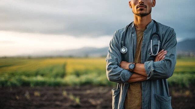 Doctor in Nature: A medical professional stands confidently, arms crossed, a stethoscope draped around his neck, amidst a vast, golden field under a dramatic sky.