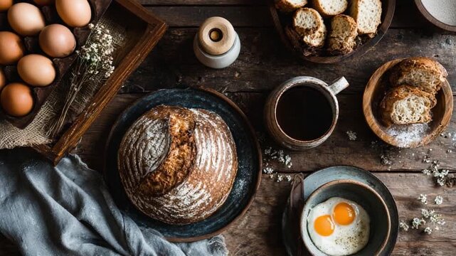 Rustic Breakfast Feast: A mouthwatering spread of fresh, wholesome breakfast staples awaits, including golden eggs, artisanal bread, and fragrant coffee, inviting a moment of pure culinary delight.