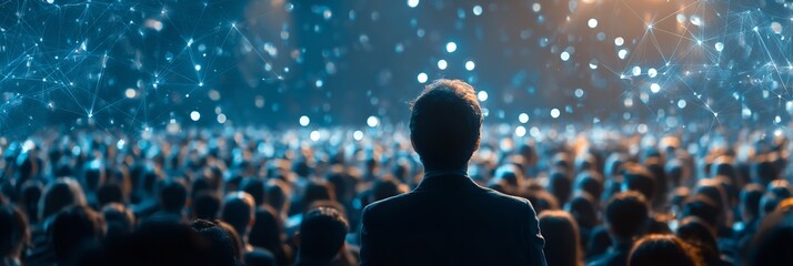A speaker faces a bright expectant crowd a web of connection overhead inspiring hope and innovation