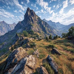 Fototapeta premium Majestic peak dominates a sun-drenched alpine vista; rocky foreground, grassy slopes, and a clear blue sky with fluffy clouds