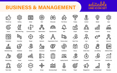 Business and management line icons set. Management icon collection. Project management icon collection. Time management and planning concept. Outline icon set.