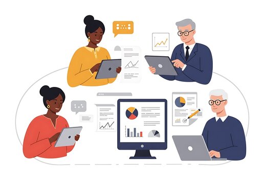 Diverse team collaborating on digital projects.