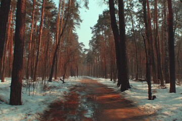 Snowy winter forest path