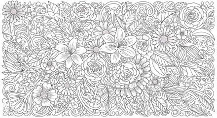 Fototapeta premium Detailed floral design for coloring book featuring flowers and intricate swirls