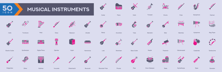 Musical Instruments icons collection vector images in duotone style
containing several guitar, piano, violin, trumpet, drums, flute, saxophone, clarinet, cello, trombone.
for Web and Application icons