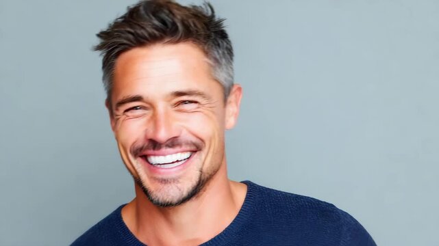 Smiling man with levity and laughter shows happiness and joy wearing blue sweater with short hair and facial hair gray joyful