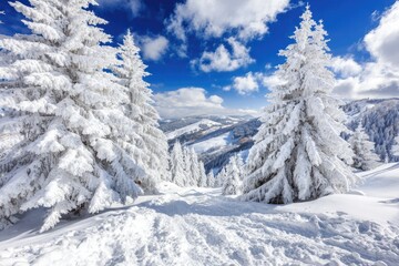 Naklejka premium Snowy mountain peaks with frosted trees (1)
