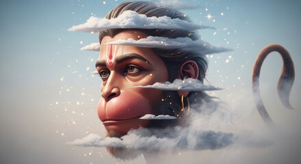 Hanuman emerges from the clouds in a divine and ethereal scene