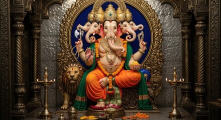 A golden statue of the hindu god ganesha is sitting on a throne