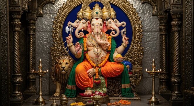 A golden statue of the hindu god ganesha is sitting on a throne