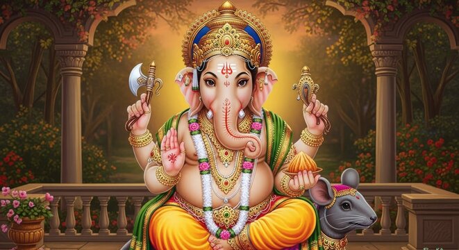 Ganesha is sitting on a throne with a mouse nearby - Powered by Adobe