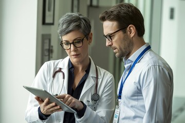 Two doctors review patient data on a tablet