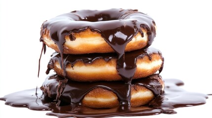 Three chocolate-glazed doughnuts stacked high, drizzled with melted chocolate, on a white background
