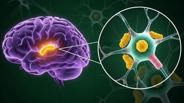 A magnified view reveals a neuron with yellow deposits, connected to a purple brain highlighting an affected area