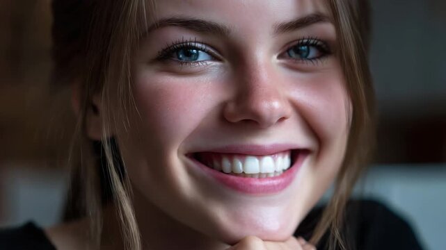 Smiling woman close up face with blue eye and clear skin showing levity laughter natural light soft focus healthy teeth