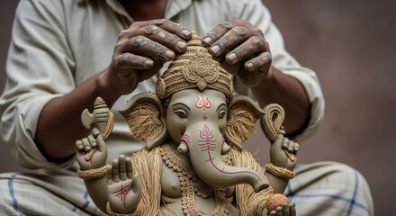 An artist crafts a ganesha idol with his hands