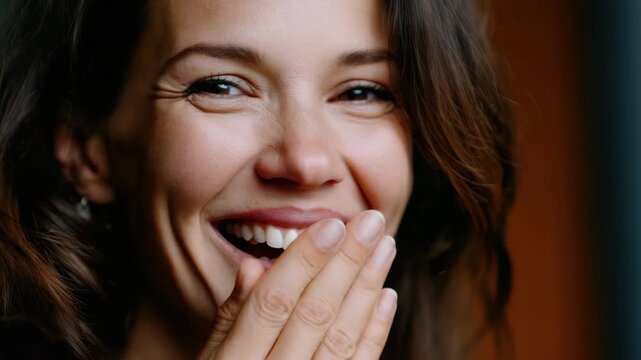Joyful woman face close up smile laughter happiness hand covering mouth expressing pure happiness and levity joyful closeup