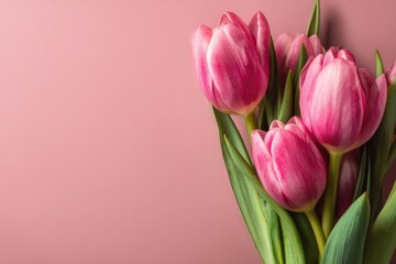 Fototapeta premium Pink tulips bouquet on soft pink background