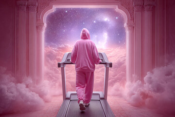 Person in pink tracksuit walking on treadmill in surreal cloudscape