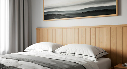 Cozy bedroom interior with wooden bed and painting on the wall. Scandinavian style, natural light, home decor, apartment