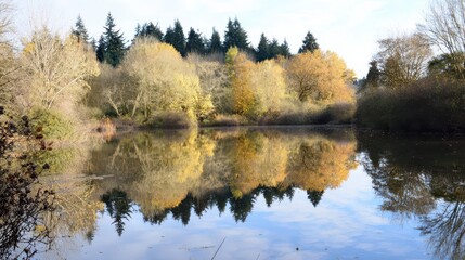 Autumnal reflections on a tranquil pond.