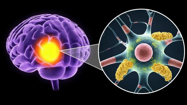 A closeup of a neuron with yellow clusters shows connection to a purple brain with an illuminated region